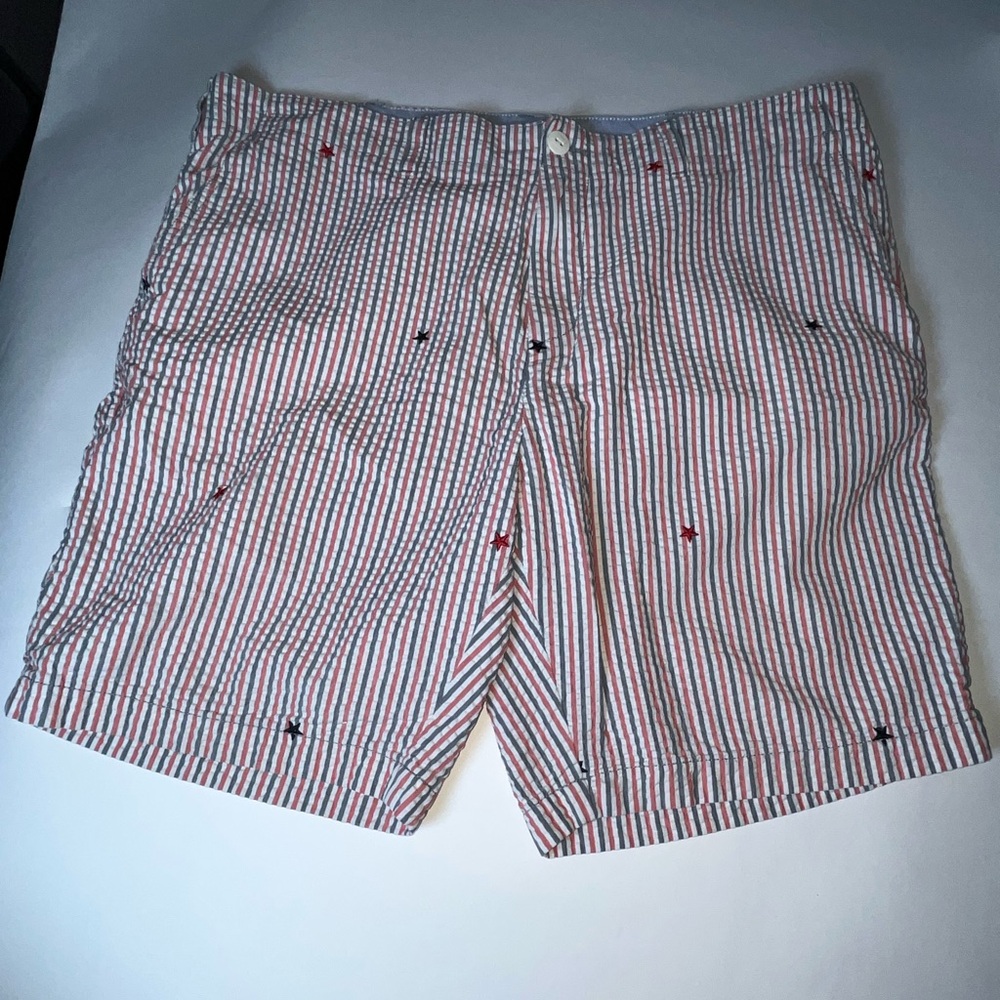 Tommy Hilfiger men’s cotton seersucker shorts. Red, white, & blue stripes& stars